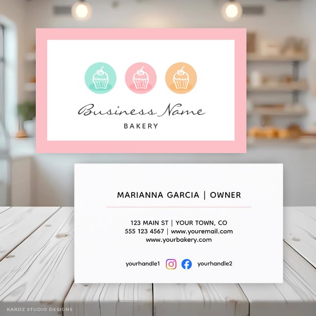 Professional Bakery Business Card (Card shown in standard size with round corners. Choose size and corner style. Packs of 50 cards.)