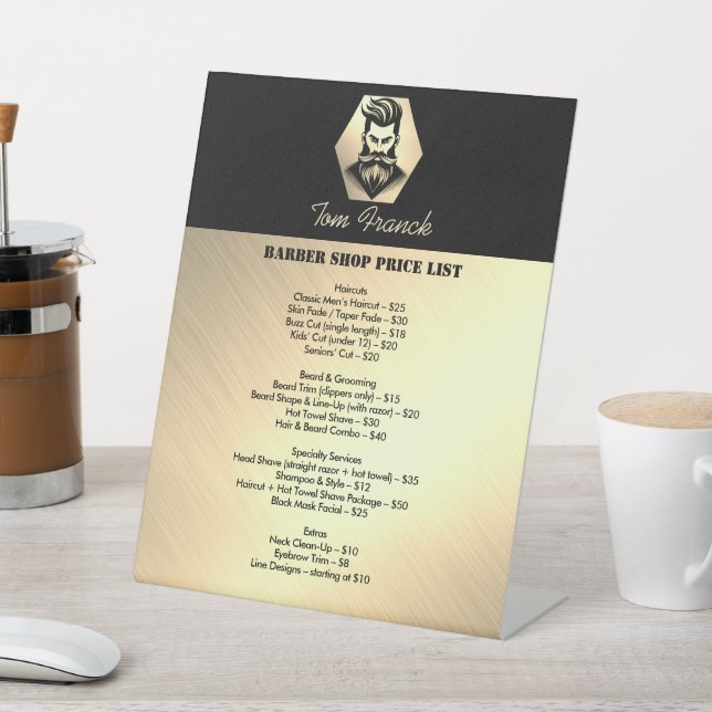 Professional Barber Shop black&gold Price List Pedestal Sign (In SItu)