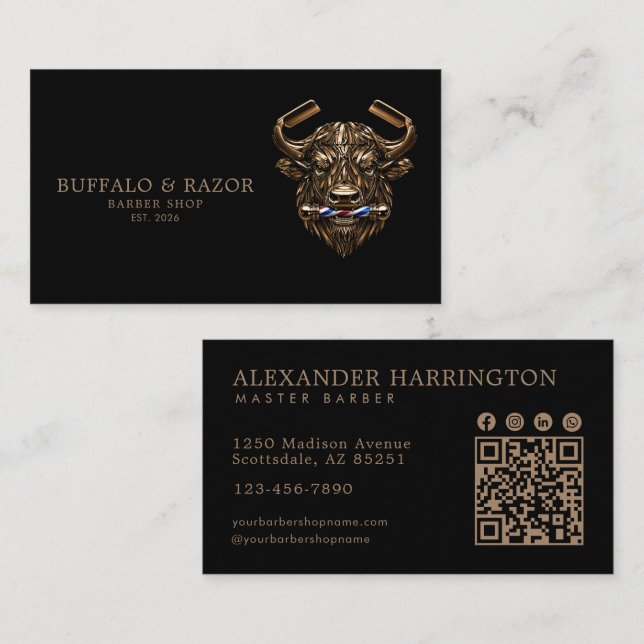 Professional Barber Shop Bronze Buffalo Qr Code Business Card (Front/Back)
