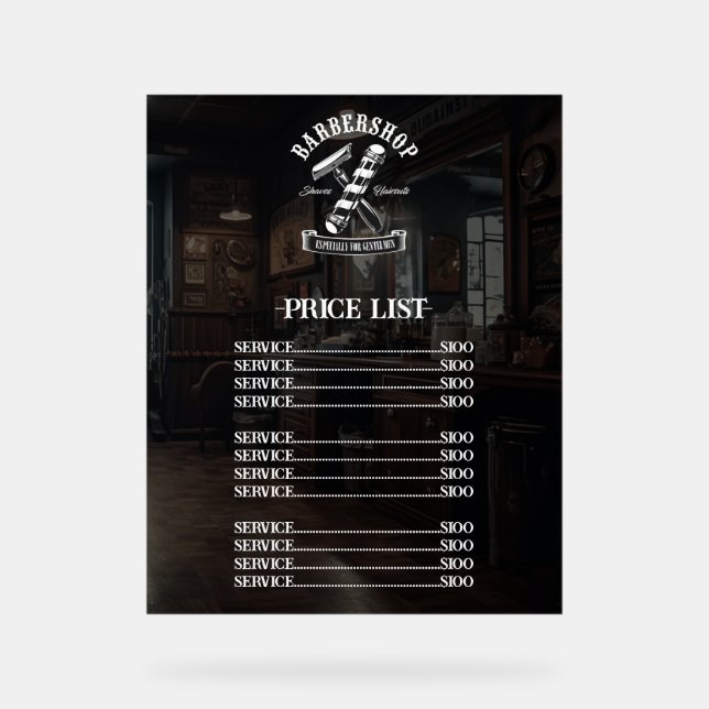 Professional Barber Shop Hair Stylist Price List Acrylic Sign (Front)