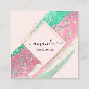 Professional Beauty Makeup Logo Pink Rose Square Business Card