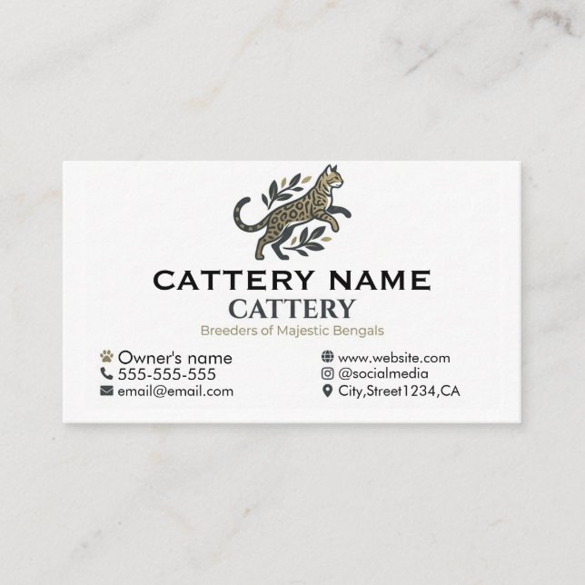 Professional Bengal Cat Cattery Customisable  Business Card (Front)