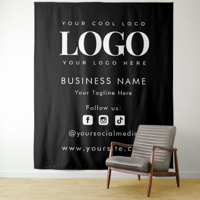 Professional Black Add Logo Social Media Backdrop  Tapestry (In Situ)