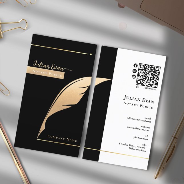 Professional Black and Gold Quill Notary Public Business Card (Creator Uploaded)