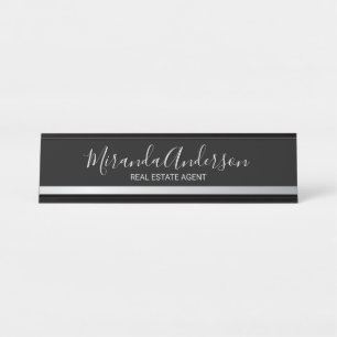 Professional Black and Silver with Script Name Desk Name Plate