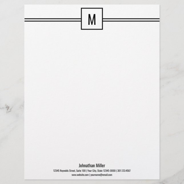 Professional Black and White Monogrammed Business Custom Letterhead (Front)