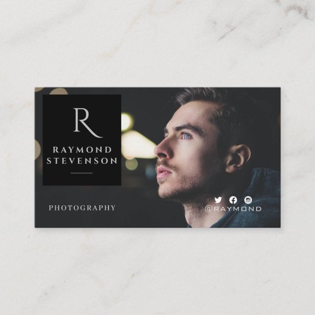 Professional Black and White Monogrammed Photo Business Card (Front)