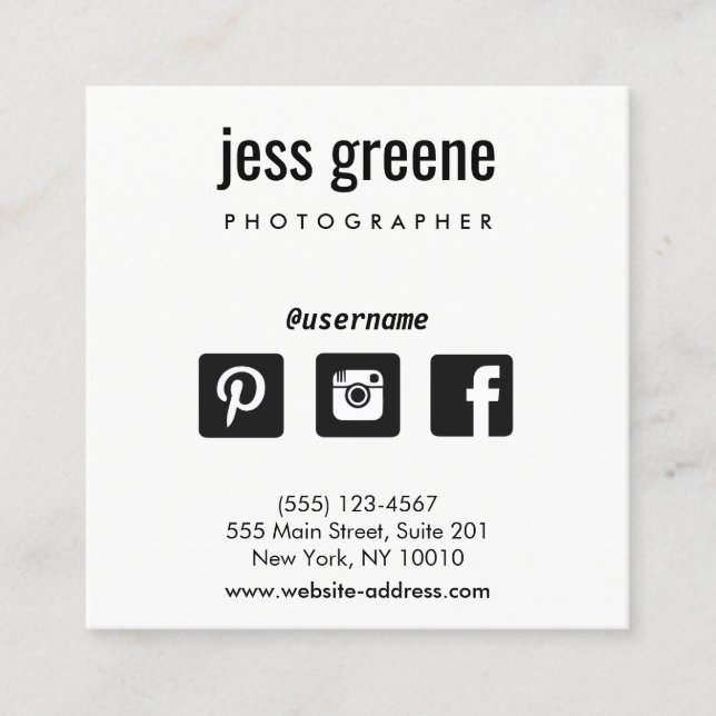 Professional Black and White Social Media Icons Square Business Card (Front)