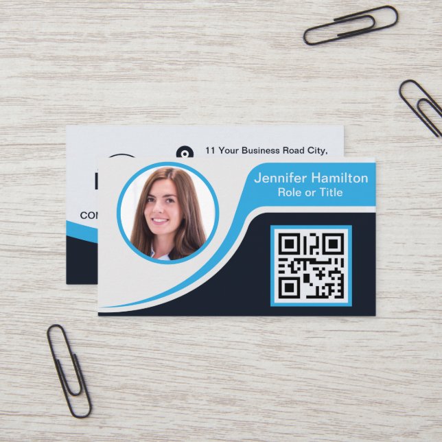 Professional Black Blue add your Logo QR Code Squa Business Card (Front/Back In Situ)