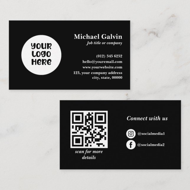 Professional Black Custom Business Logo QR Code  Business Card (Front/Back)
