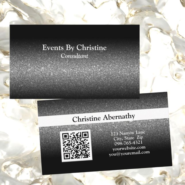 Professional Black Glitter Ombre Minimalist QR Business Card (front and back template business card with QR code)