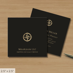 Professional Black Gold Compass Logo Square Business Card