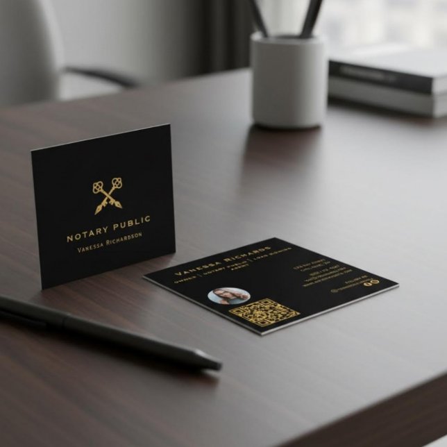 Professional Black & Gold Crossed Pens QR Code Square Business Card (Creator Uploaded)