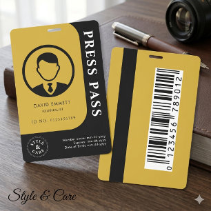 Professional Black Gold Media Pass Photo Barcode ID Badge