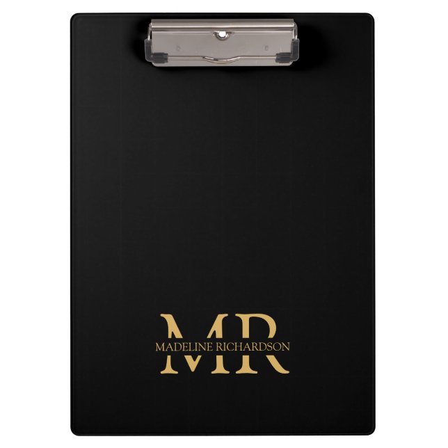 Professional Black Gold Monogram Name Initials    Clipboard (Front)