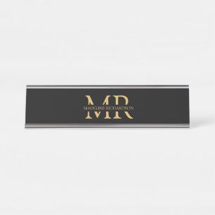 Professional Black Gold Monogram Name Initials Desk Name Plate