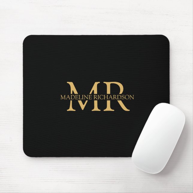 Professional Black Gold Monogram Name Initials Mouse Pad (With Mouse)