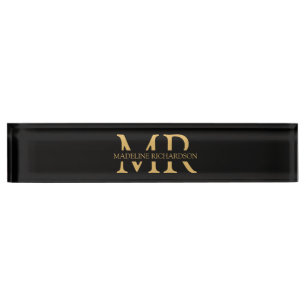 Professional Black Gold Monogram Name Initials  Nameplate