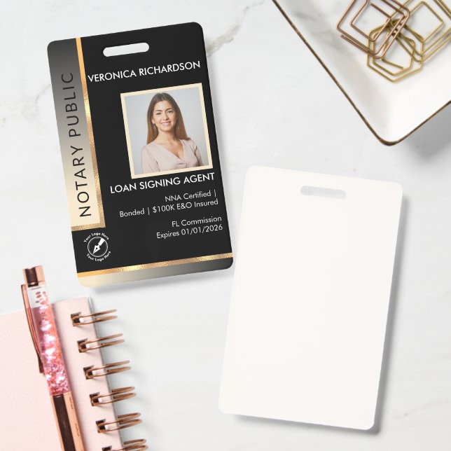 Professional Black & Gold Notary Photo ID Badge (Office)