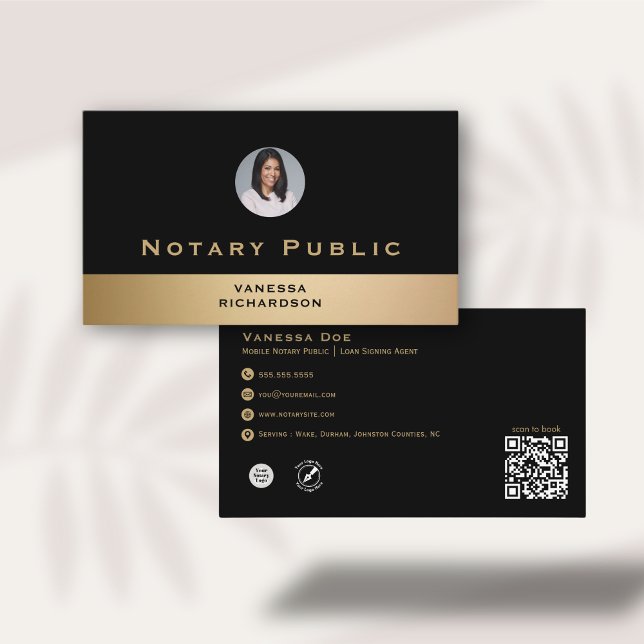 Professional Black Gold Photo Notary Business QR Business Card (Creator Uploaded)