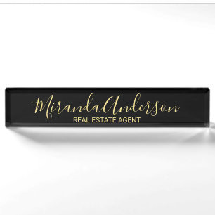 Professional Black & Gold with Modern Script Name Nameplate