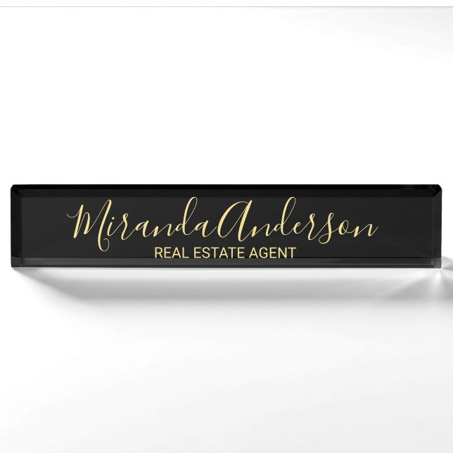 Professional Black & Gold with Modern Script Name Nameplate (Front)