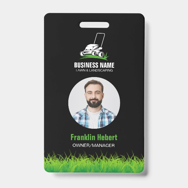 Professional Black Green Lawn Care & Landscaping ID Badge (Front)