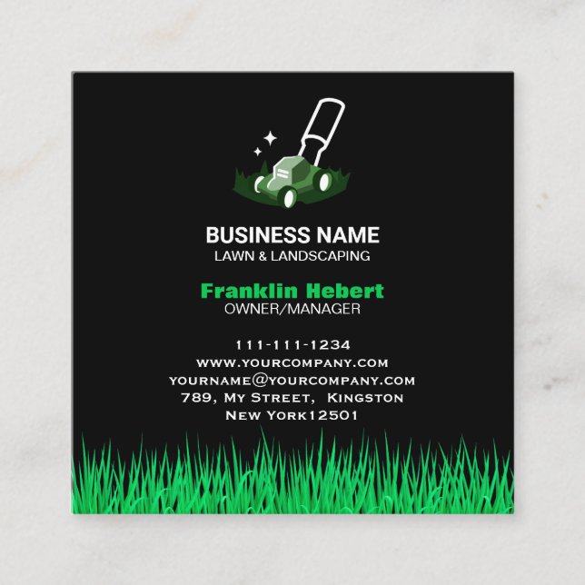 Professional Black Green Lawn Care & Landscaping  Square Business Card (Front)