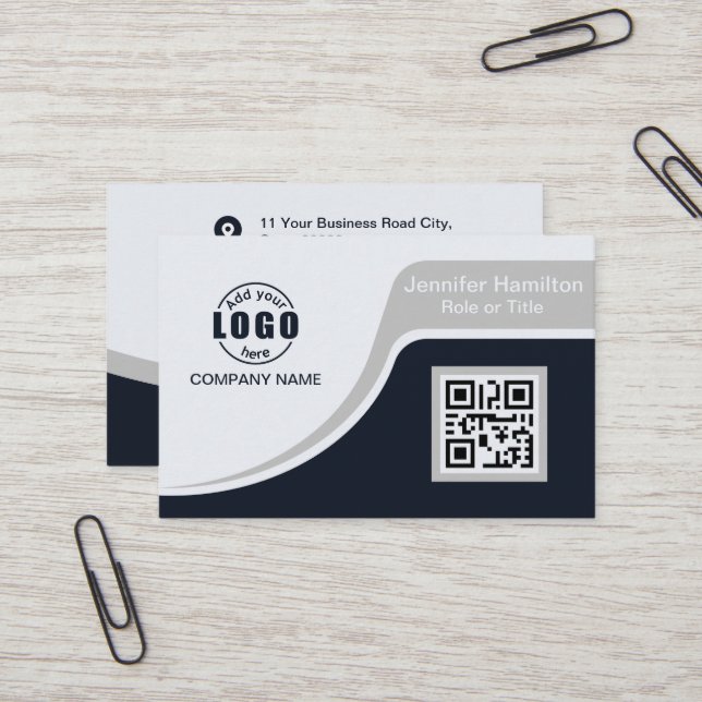 Professional Black Grey add your Logo QR Code Busi Business Card (Front/Back In Situ)