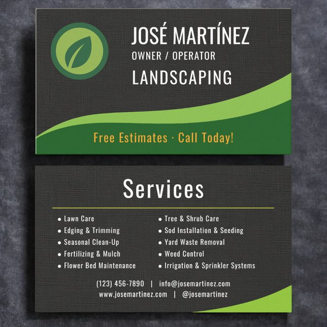 Professional Black Linen Landscaping Lawn Care Business Card (Creator Uploaded)