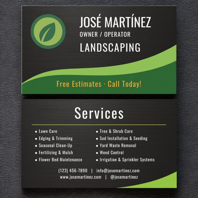 Professional Black Metallic Landscaping Lawn Care Business Card (Creator Uploaded)