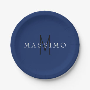 Professional Black Monogram Blue Your Name Paper Plate