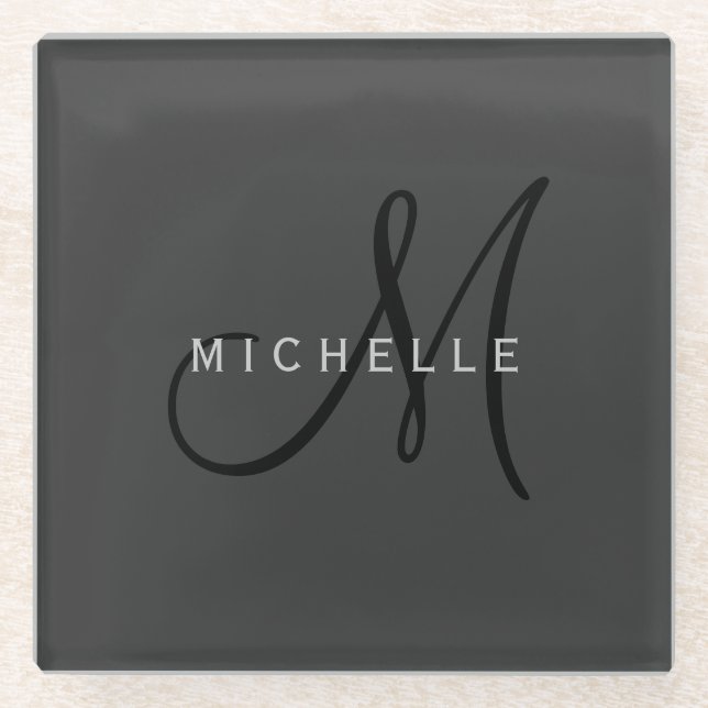 Professional Black Monogram Grey Your Name Glass Coaster (Front)