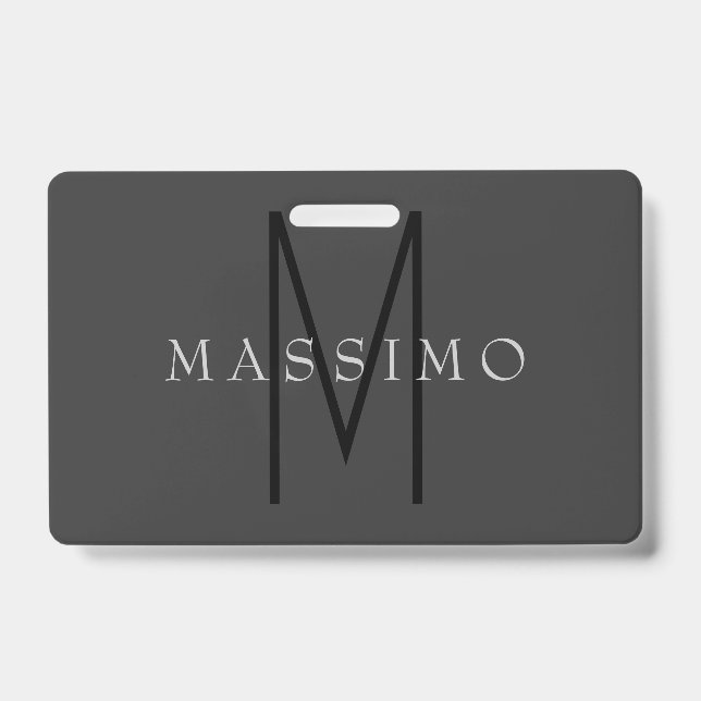 Professional Black Monogram Grey Your Name ID Badge (Front)