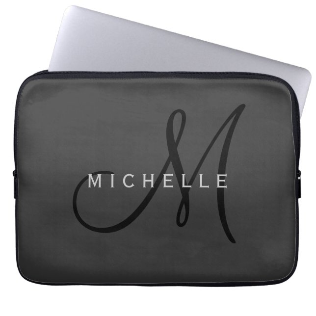 Professional Black Monogram Grey Your Name Laptop Sleeve (Front)