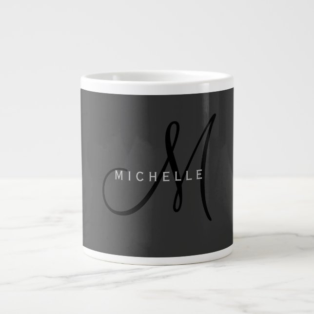 Professional Black Monogram Grey Your Name Large Coffee Mug (Front)