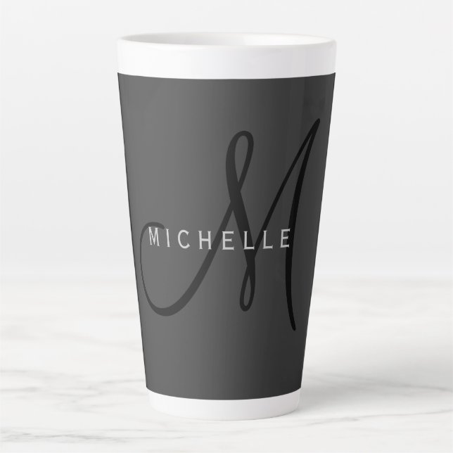 Professional Black Monogram Grey Your Name Latte Mug (Front)