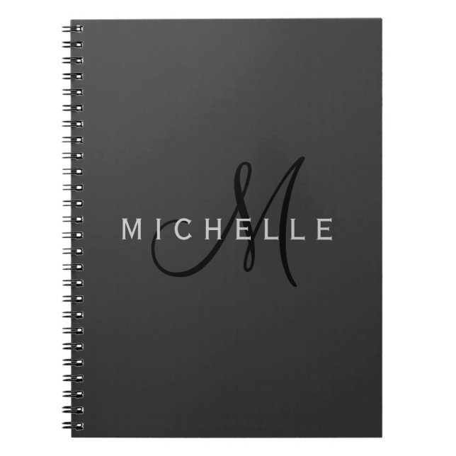 Professional Black Monogram Grey Your Name Notebook (Front)