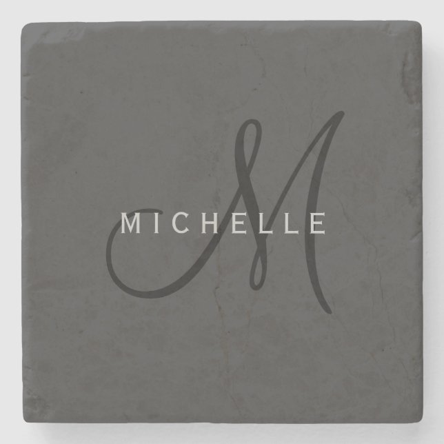 Professional Black Monogram Grey Your Name Stone Coaster (Front)
