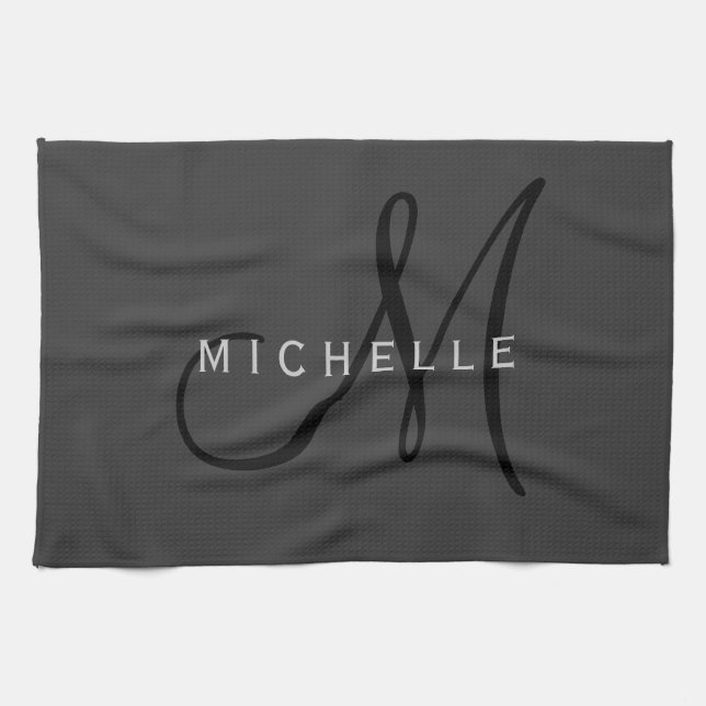 Professional Black Monogram Grey Your Name Tea Towel (Horizontal)