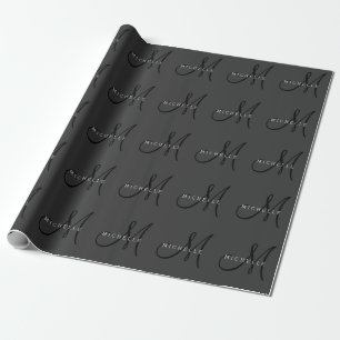 Professional Black Monogram Grey Your Name Wrapping Paper