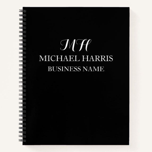 Professional Black Monogram Initial Business Notebook (Front)