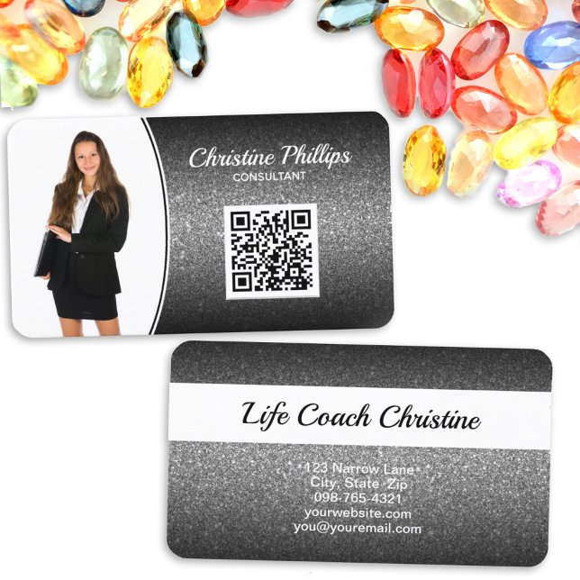 Professional Black Ombre Glitter Custom Photo QR Business Card (Creator Uploaded)