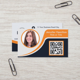 Professional Black Orange add your Logo QR Busines Business Card