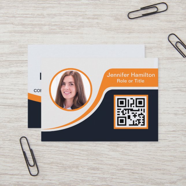 Professional Black Orange add your Logo QR Busines Business Card (Front/Back In Situ)