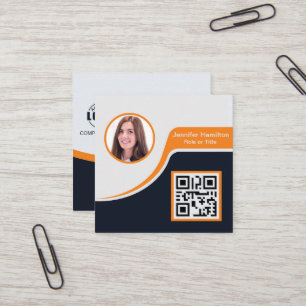 Professional Black Orange add your Logo QR Code Square Business Card