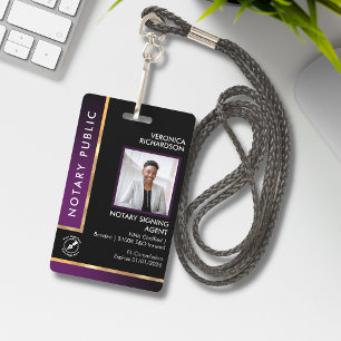 Professional Black & Purple QR Notary Photo ID Badge