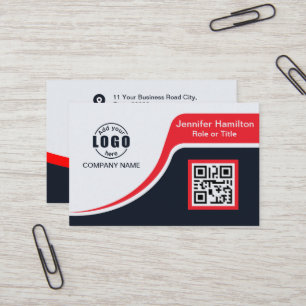 Professional Black Red add your Logo QR Code  Busi Business Card