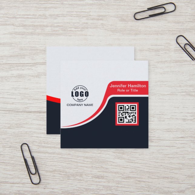 Professional Black Red add your Logo QR Code  Busi Square Business Card (Front/Back In Situ)