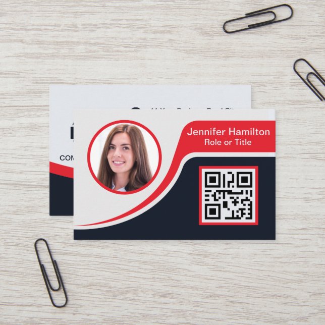 Professional Black Red add your Logo QR Code Business Card (Front/Back In Situ)